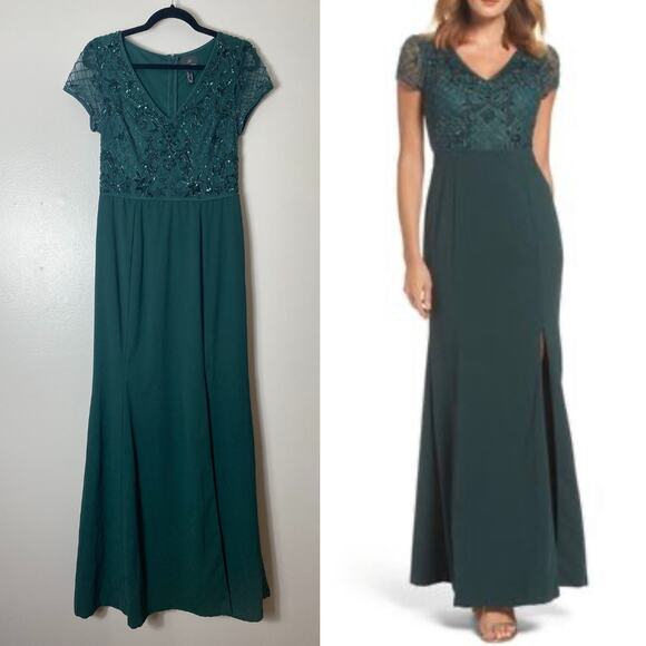 ADRIANNA PAPELL DRESS 6 EMERALD GREEN FESTIVE HOLIDAY PARTY BEADED SEQUIN FLORAL - Picture 1 of 16